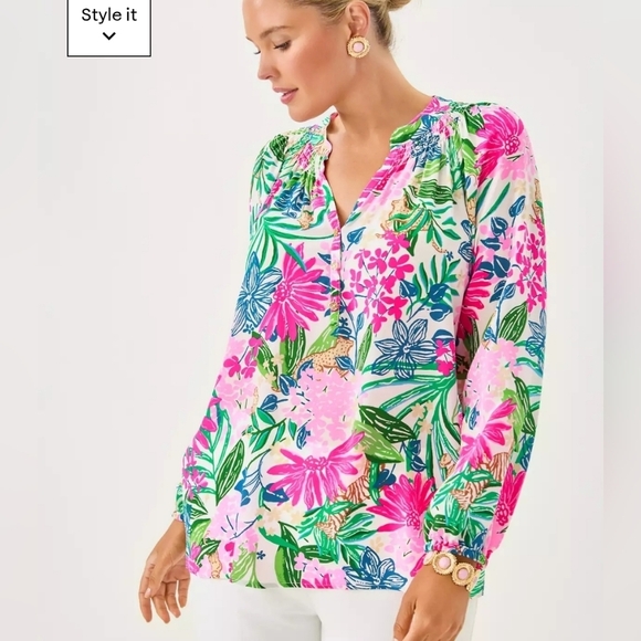 Lilly Pulitzer 100% Silk Pink Print Long Sleeve Blouse - Picture 8 of 12